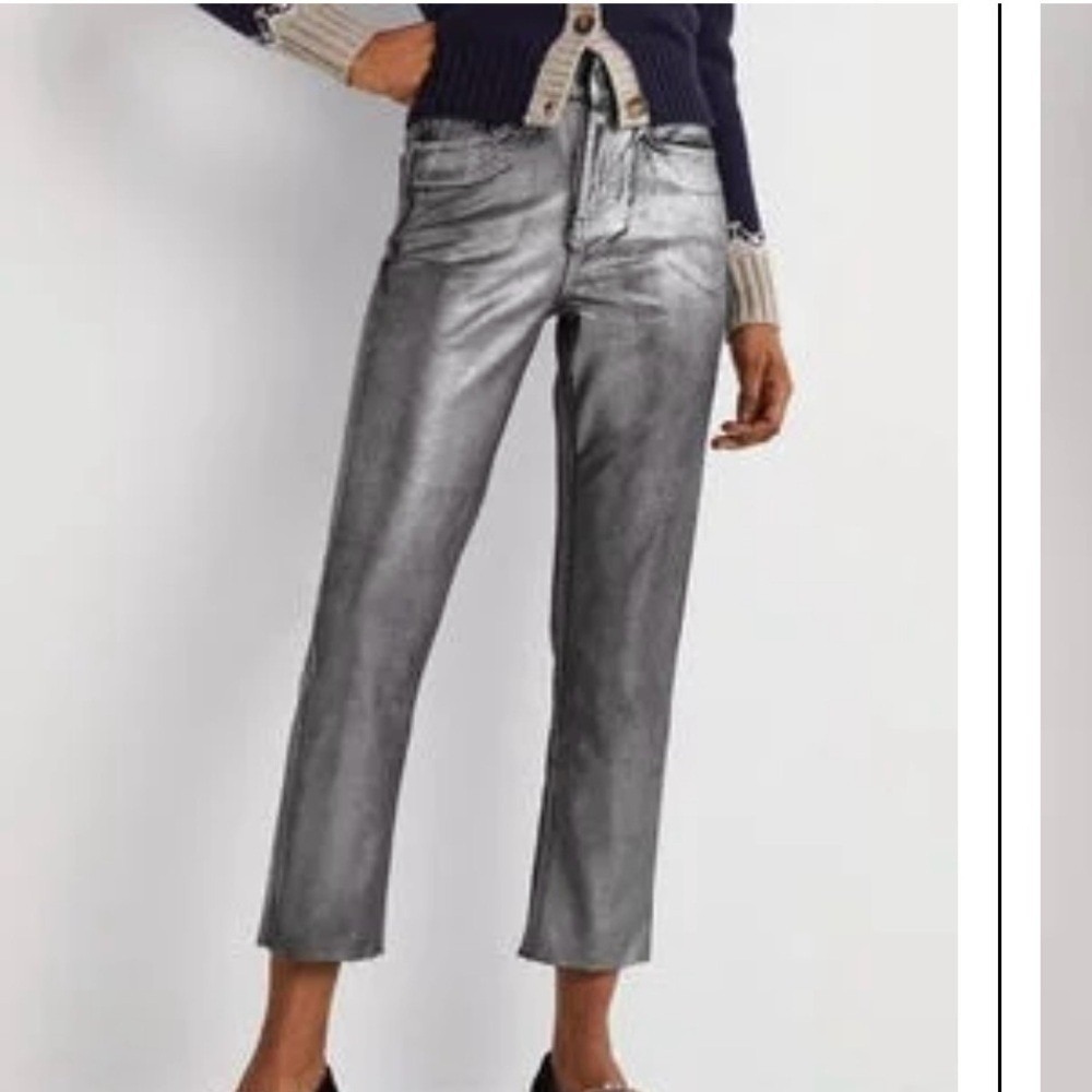 Boden High Rise Straight Leg Metallic Silver Foil Ankle Jeans Statement NWT 12